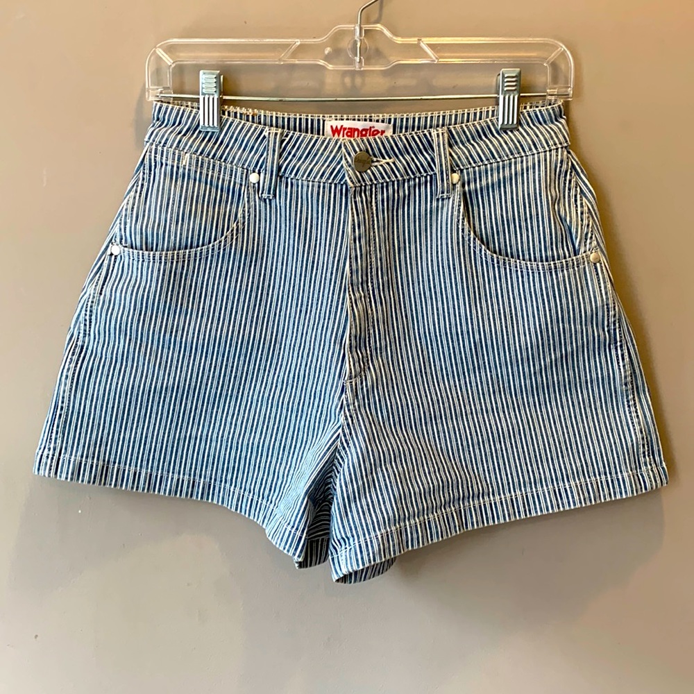 High Waisted Blue & White Striped Denim Shorts